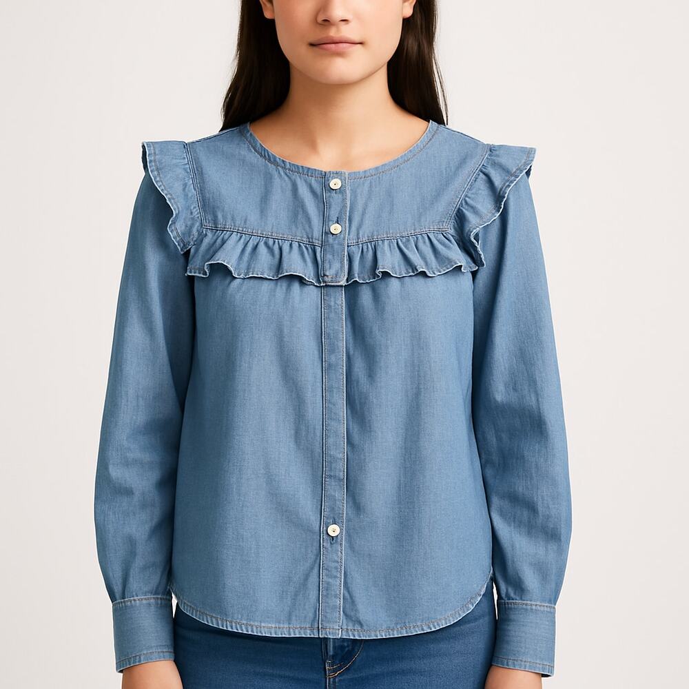 Madewell Chambray Blouse Ruffle Yoke Top Womens S Blue Long Sleeve Cotton